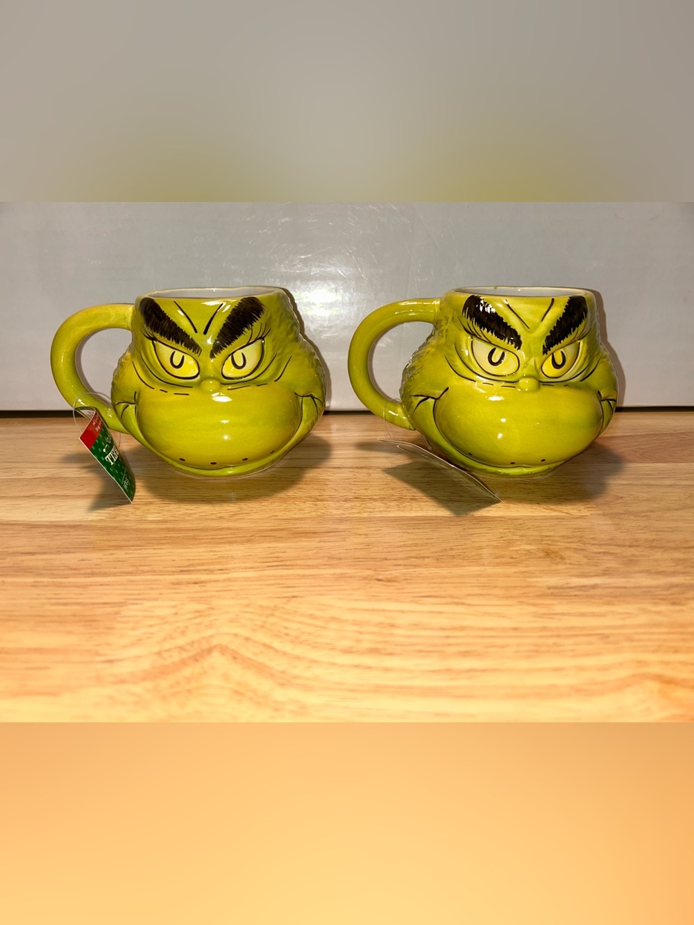 Whimsical Green Grinch Face Ceramic Mug set of 2 - Holiday Decor